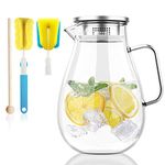 Honneeo Glass Pitcher 2.0 Liter Fridge Jug 68 Ounces Carafes 304 Stanless Still Lid with Filter Hot Cold Iced Water Wine Coffee Milk Tea Juice Beverage Bottle with Stir Stick and Brush (2000ml)