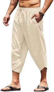 COOFANDY Men's Linen Harem Capri Pants Lightweight Loose 3/4 Shorts Drawstring Elastic Waist Casual Beach Hippie Yoga Trousers Beige