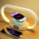 Bedside Lamp Wireless Charging, Touch Control LED Table Lamp Dimmable for Bedroom USB Night Light with 5 Colors Temperatures and Clock Wooden Nightstand Lamp Modern Desk Lamp