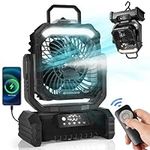 Odoland Portable Misting Fan with LED Light,30000mAh Rechargeable Battery Operated Oscillating Camping Fan with Remote & Hook, Misting Fan with Display, 5 Speeds for Power Outage Travel Jobsite, Black
