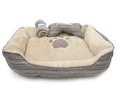 3pce Pet Bed Cuddler Set with Cushion and Blanket Anti Slip Fluffy Cuddler Bed Washable (Natural)