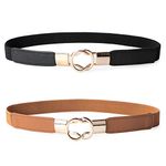 2 Pack Women Metal Fashion Skinny Leather Belt Gold Elastic Buckle belt solid color by JASGOOD, Fits Waist 26-32 Inches, A-Brown+Black