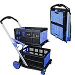 APOXCON Folding Shopping Cart, Two Tier Collapsible Cart with One Crate, Heavy Duty Utility Cart with 360° Rolling Swivel Wheels Multiple Uses Folding Trolley for Shopping, Picnic and Office