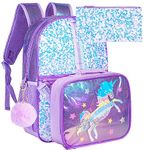 KLFVB 3PCS Unicorn Backpack, 16'' Sequin Kids Girls Bookbag and Lunch Box, Preschool Backpacks for Elementary Students Unicorn purple 02