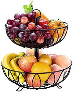 (2 Tier-Black) - Fruit Stand Vegetables Basket Counter Top Fruit Basket Bowl Storage for Kitchen Home Metal Cast Iron (2 Tier-Black)