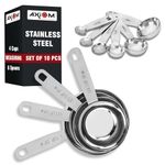 AXIOM Measuring Set of 10 pcs Stainless Steel Professional Quality for Baking, Cooking, 4 Stackable Measuring Cups and 6 Stackable Measuring Spoons with Measurement Engraving Handle