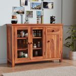 Krishna Wood Decor Home Furniture Wood Kitchen Crockery Cabinet Glass Door Storage Cabinet Unit || Kitchen Cabinets & Sideboards Honey Finish