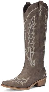 Rivalran Dark Brown Cowboy Boots for Women - Wide Calf Knee High Pointed Toe Chunky Heel Pull On Zipper Western Cowgirl Boots, Retro Country Vintage Fashion Tall Boots US Size 6.5