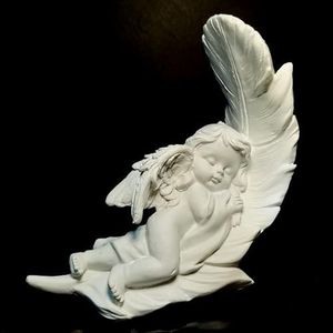 LWDUDE Guardian Angel Statue Outdoor/Indoor - Right-Sleeping White Angel Figurine with Wings, Catholic Home & Garden Decor, Resin Cherub on Feather Base (4.3 Inches)