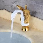 InArt Brass Swan Shape Single Handle Bathroom Sink Faucet, Hot & Cold Water, Waterfall Lavatory, Gold, Deck Mount, Lever Handle, Modern Style