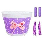 Kids Bike Basket Set 5PCS Cycle Basket with Bows Bicycle Streamers Bike Handlebar Grips Scooter Basket Set Bike Accessories Cute Bicycle Front Handlebar Basket for Kids Boys Girls (Purple)