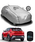 AUTOBIRSA Waterproof Car Body Cover for Nissan Magnite with Mirror and Antenna Pocket and Soft Cotton Lining (4 Side Elastic Triple Stitched & Metallic Silver with Black Piping Style)