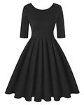 MINTLIMIT Women Retro Dress Rockabilly Hepburn Pleated Floral Swing Cocktail Vintage Vintage Tea Dresses (Plain Black,Size XL)