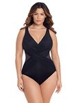 Miraclesuit Women's Swimwear Plus Size Illusionist Crossover Tummy Control Soft Cups One Piece Swimsuit, Black, 16W