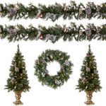 National Tree Company Pre-lit Holiday Christmas 5-Piece Set | Wreath, Set of 2 Entrance Trees and Garlands with White Lights