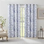 Beauoop Boho Floral Full Blackout Window Curtain Panels 100% Room Darkening Thermal Insulated Noise Reducing Drapes for Bedroom/Living Room Rose Grommet Window Treatment,Set of 2, 50W x 84L,White/Blue