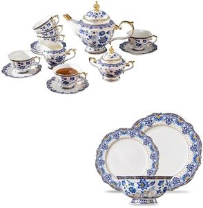 ACMLIFE Bone China Tea Set for 6 Adults, Vintage Floral Dinnerware Set for 4 with 12 Pieces, Blue and White