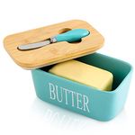 Hasense Porcelain Butter Dish with Lid for Countertop, Large Ceramic Butter Dish with Knife, Airtight Butter Keeper Container with Cover Perfect for East West Coast Butter, Turquoise