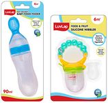 LuvLap Silicone Food/Fruit Nibbler with Extra Mesh, Soft Pacifier/Feeder, Teether for Infant Baby, Infant, Pearly Green, Bpa Free Feeding Spoon with Silicone Feeder Bottle 90Ml, Bpa Free