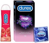 Durex Lube Strawberry Flavoured Lubricant Gel for Men&Women - 50ml | Water based lube | Compatible with condoms & toys & Intense Condoms for her - 10 Count | Dotted and Ribbed condom with Desirex gel