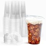 Prestee 100 Clear Cups with Lids, 16oz - Strawless Plastic Cups with Lids - Disposable Iced Coffee Cups - Clear Plastic Cups with Lids Bulk - Iced Coffee, Cold Brew, Smoothie for Christmas & Holiday