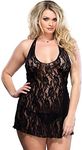 Leg Avenue Women's Rose Lace Halter Chemise and G-String Panty, Black, One Size Plus