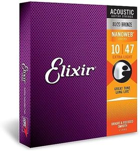 Elixir Strings 80/20 Bronze Acoustic Guitar Strings w NANOWEB Coating, Extra Light (.010-.047)