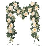 Betylifoy 2 Pack 13Ft Artificial Eucalyptus Flower Garland with Champagne Rose Fake Rose Silk Flowers Artificial Ivy Vine Berries Greenery Garland for Wedding Party Table Runner Decor (Champagne)