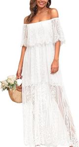 Women's Fall Lace Maxi Dress Boho Wedding Guest Bridesmaid Beach Off Shoulder Formal Long Dress (AU, Alpha, Large, Regular, Regular, White)