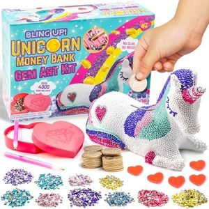 GirlZone Fai Brillare Salvadanaio Bambini Unicorno e Kit Gemme Artistiche, Oltre 400 Gemme per Pittura Diamante e 2 Penne per Diamond Painting, Regalo Bambina