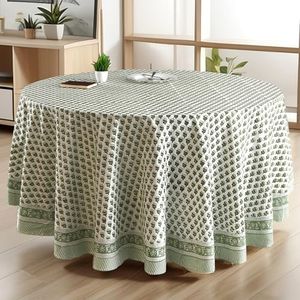 CPC Round Tablecloth- Cotton Indian Block Print Tablecloth -Handmade Printed Washable Cotton Table Cloth - Spring/Summer, Weding Table Cover - Emerald Green 132 Inch