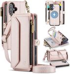 Strapurs for iPhone 17 Detachable Wallet Case Compatible with Magsafe for Women, RFID Blocking 9-Card Holder Zipper Wrist Strap Lanyard PU Leather Magnetic Phone Case for iPhone 17 6.3", Rose Gold