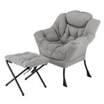 GORELAX Lazy Chair with Ottoman, Modern Accent Chair w/Armrests & Side Pocket, Upholstered Lounge Sofa Chair & Folding Footstool Set, Reading Chair for Bedroom, Living Room, Dorm Room (Plush Grey)