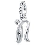 Letter N Charms Alphabet Pendant, 925 Sterling Silver Initial n Dangle CZ Bead fit Pandora Name Necklace Bracelet con Letra, Gifts for Nana/Niece/November Birthday/Nurse/Nephew