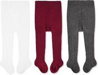 CozyWay Cable Knit Cotton Leggings/Tights for Baby Girls, 3 Pack, White/Dark Gray/Burgundy - Baby Tights 6 to 12 Months - Baby Girl Tights - Baby Tights