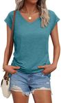 AUTOMET Womens V Neck Cap Sleeve Tshirts Casual Tops Cute T Shirts Summer Clothes Vintage Basics Tee, Bluegreen, L