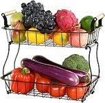 2 Tier Fruit Basket Bowl for Kitchen Counter, Metal Wire Produce Vegetable Fruit Storage Basket Rectangle Countertop Fruit Holder Stand Organizer with Wooden Handle for Veggies Bread Snacks, Black