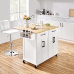 Yaheetech Rolling Kitchen Island with Drop Leaf, Kitchen Cart on Wheels with Storage Cabinet and Drawers, Rubberwood Top, Detachable Towel Rack, Spice Rack for Dining Room, White