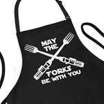 APRON DADDY Funny Apron, May The Forks Be With You - Novelty Funny Cooking Apron for Movie Fans - Extra Large 1 Size Fits All - Poly/Cotton Apron with 2 Pockets - Star Gift for Cook, Husband,, Black,