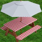 Sorfey Vinyl Umbrella Picnic Table and Bench Fitted Tablecloth Cover, Checkered Design, Flannel Backed Lining, 30x72 Inch, 3-Piece Set, Red