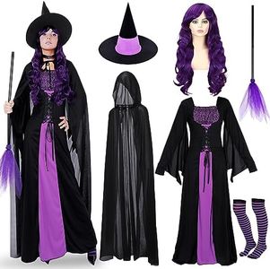 Hercicy 7 Pcs Halloween Witch Costume Women Hood Cloak Dress Choker Broom Striped High Socks Wizard Hat Wig for Adult Women (Medium)