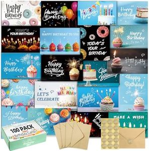 100 Happy Birthday Cards with Envelopes, 20 Unique Designs, Birthday Cards Bulk with Short Generic Message Inside, 4x6 inches, Assorted Birthday Cards Assortment for Business, Office and Personal