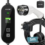 LCLCTEK EV Charger Cable Type 2 to 3 Pin Plug, Portable UK 3 Pin EV Charger, Electric Car Charger [8/10/13A], EV Car Charger with LED Display, IP66 Waterproof, Type 2 Cable EVs and PHEV (White, 5m)