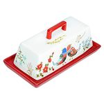 Sizikato Porcelain Butter Dish with Lid, Red Flower and Bird Pattern-7.5 Inch