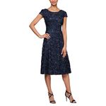 Alex Evenings Women's Tea Length With Rosette Detail (Petite and Regular) Special Occasion Dress, Navy, 18 UK