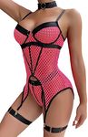 bslingerie Women Neon 5 Pieces Fishnet Sexy Garter Lingerie Babydoll Chemise Lingerie Set, Neon Pink, Small