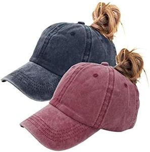 Eohak Ponytail Baseball Hat Distressed Retro Washed Womens Twill, Black+Burgundy, Medium