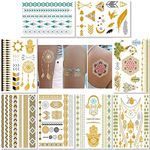 Metallic Temporary Tattoos for Women Teens Girls - 8 Sheets Gold Silver Temporary Tats Glitter Shimmer Designs Jewelry Tattoos - 100+ Color Flash Fake Waterproof Tattoo Stickers (Caicos)