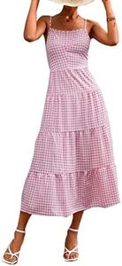 Qiyun.z Robe d'été décontractée Boho Robe d'été Spaghetti Strap V-Neck Flowy Midi Robes Rose Rouge Plaid L