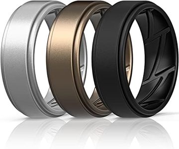 ThunderFit Silicone Wedding Rings for Men, Airflow Inner Grooves - 8mm wide - 2mm Thick (Black, Bronze, Silver - Size 10.5-11 (20.6mm))